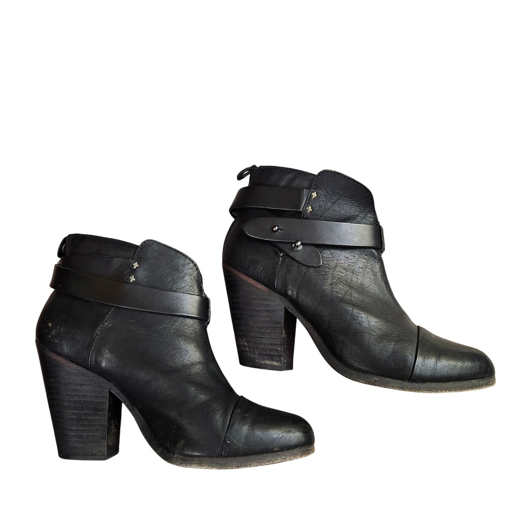 Rag & Bone Harrow Black Leather Ankle Boots Push Stud Strap Sz 37 Moto Edgy